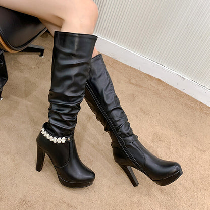 Rhinestone Buckle Straps Side Zippers Block Chunky Heel Platform Knee High Boots for Women