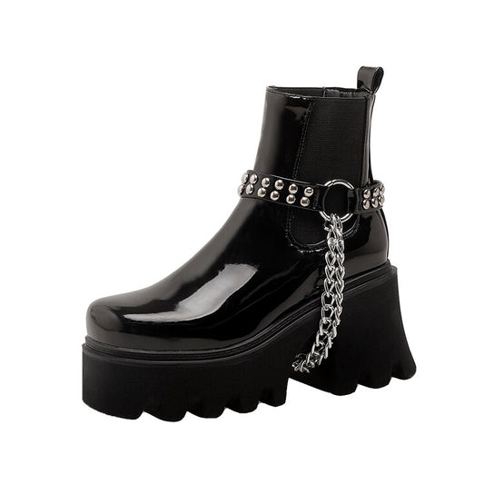 Pu Leather Round Toe Metal Chains Rivets Straps Block Chunky Heel Platform Ankle Boots for Women