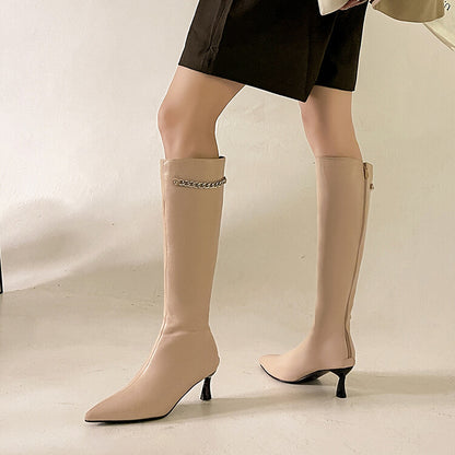 Pointed Toe Metal Chains Spool Heel Knee-High Boots for Women