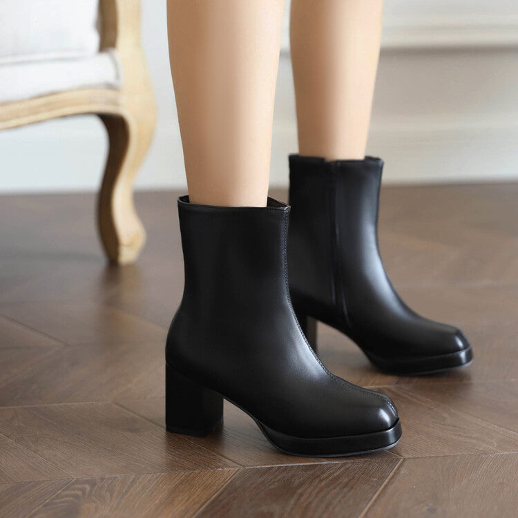 Square Toe Side Zippers Block Chunky Heel Platform Short Boots for Women