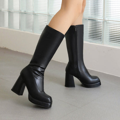 Square Toe Side Zippers Block Chunky Heel Platform Mid-Calf Boots for Women