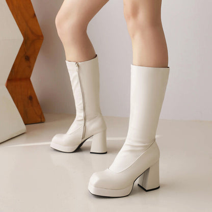 Square Toe Side Zippers Block Chunky Heel Platform Mid-Calf Boots for Women