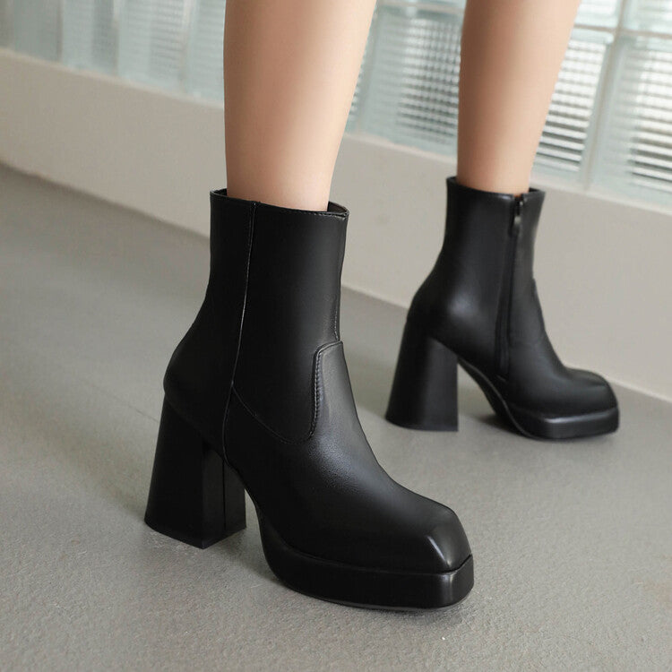 Square Toe Side Zippers Block Chunky Heel Platform Short Boots for Women