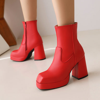 Square Toe Side Zippers Block Chunky Heel Platform Short Boots for Women