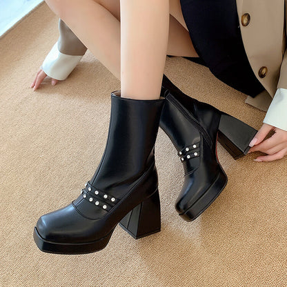 Square Toe Rhinestone Side Zippers Block Chunky Heel Platform Ankle Boots for Women