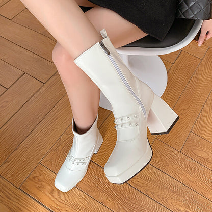 Square Toe Rhinestone Side Zippers Block Chunky Heel Platform Ankle Boots for Women