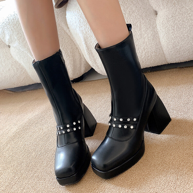 Square Toe Rhinestone Side Zippers Block Chunky Heel Platform Ankle Boots for Women