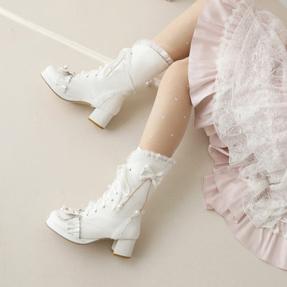 Lace Tied Straps Bow Tie Block Chunky Heel Mid-Calf Boots for Women