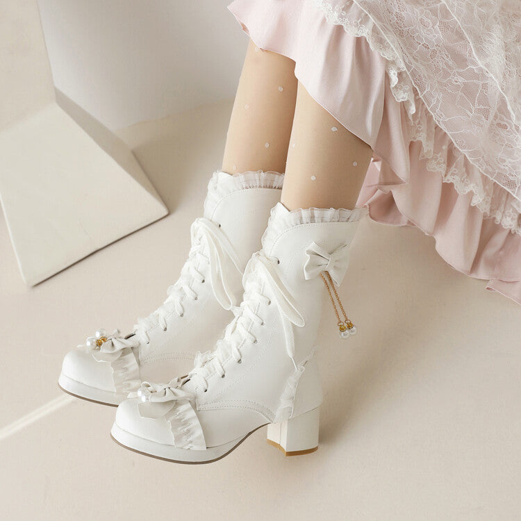 Lace Tied Straps Bow Tie Block Chunky Heel Mid-Calf Boots for Women