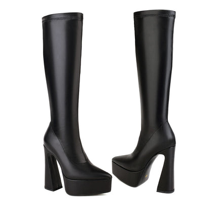 Pu Leather Pointed Toe Spool Heel Platform Knee High Boots for Women