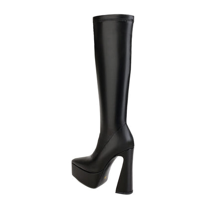 Pu Leather Pointed Toe Spool Heel Platform Knee High Boots for Women