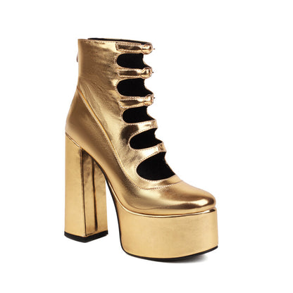 Booties Glossy Round Toe Cutout Buckle Straps Block Chunky Heel Platform Short Boots for Women