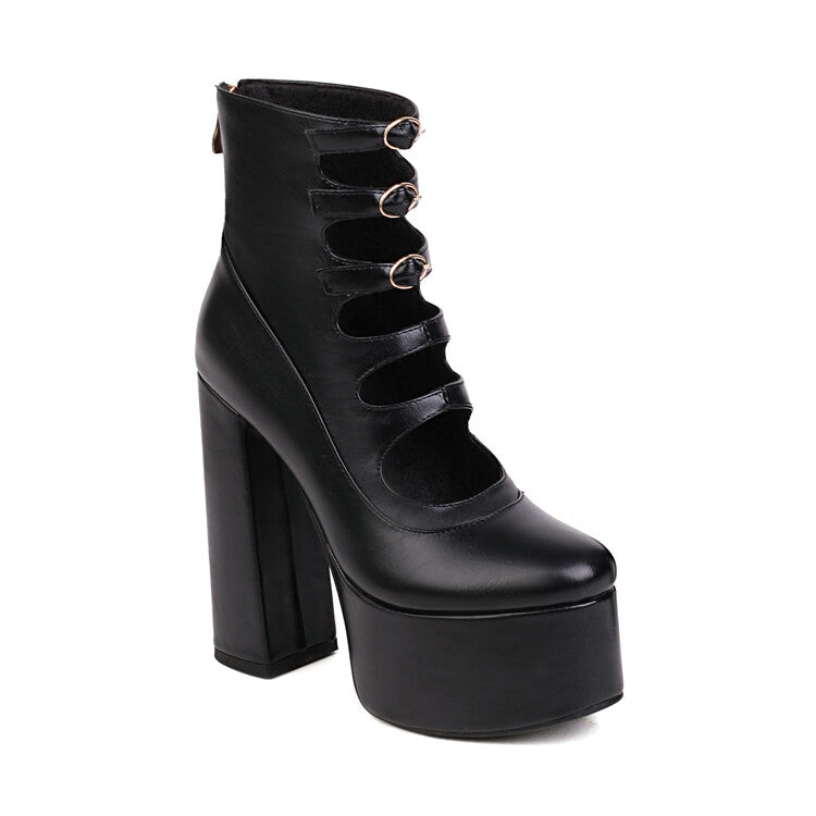 Booties Glossy Round Toe Cutout Buckle Straps Block Chunky Heel Platform Short Boots for Women