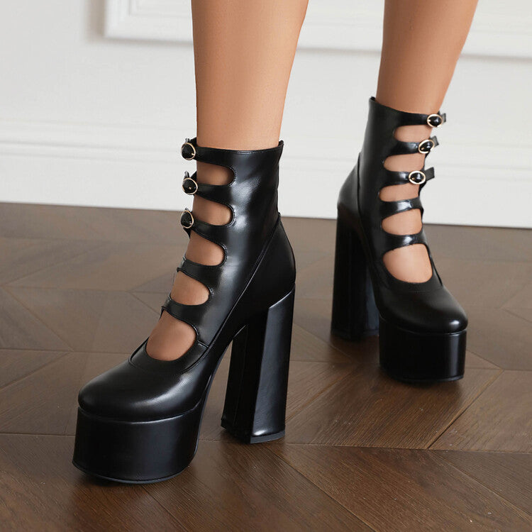 Booties Glossy Round Toe Cutout Buckle Straps Block Chunky Heel Platform Short Boots for Women