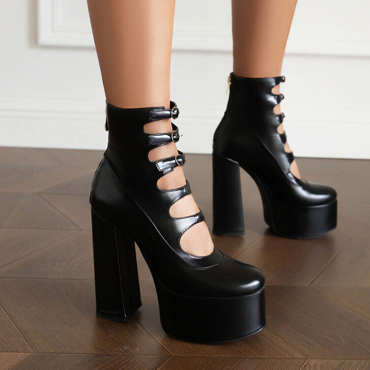 Booties Glossy Round Toe Cutout Buckle Straps Block Chunky Heel Platform Short Boots for Women