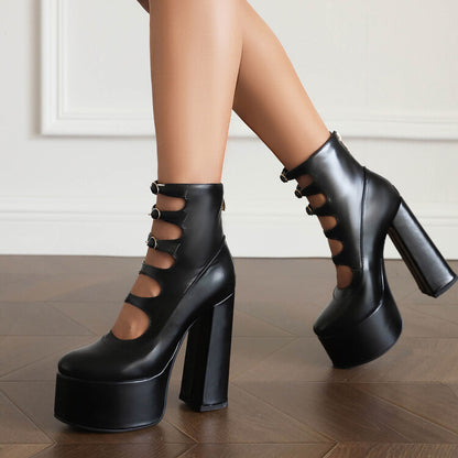 Booties Glossy Round Toe Cutout Buckle Straps Block Chunky Heel Platform Short Boots for Women