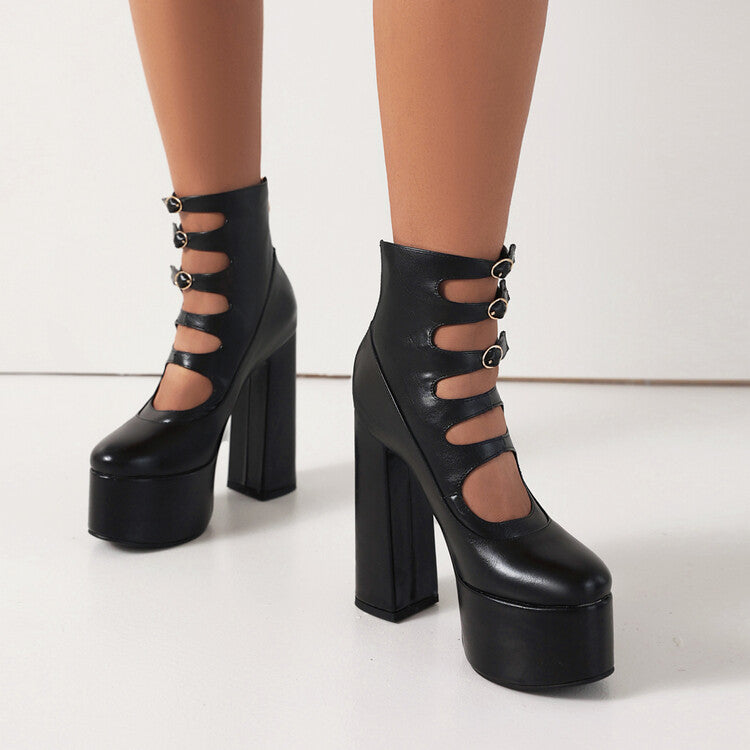 Booties Glossy Round Toe Cutout Buckle Straps Block Chunky Heel Platform Short Boots for Women