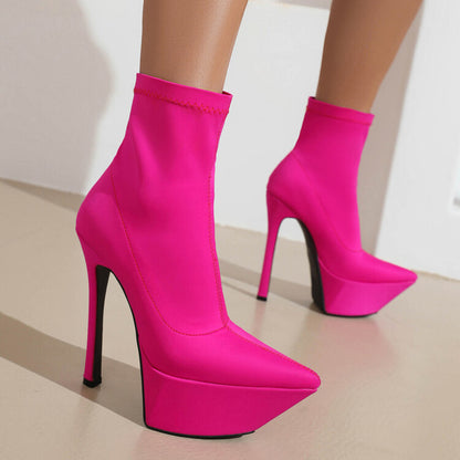 Booties Stretch Pointed Toe Stiletto Heel Platform Short Boots for Women