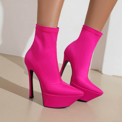 Booties Stretch Pointed Toe Stiletto Heel Platform Short Boots for Women