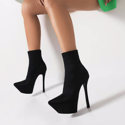 Booties Stretch Pointed Toe Stiletto Heel Platform Short Boots for Women