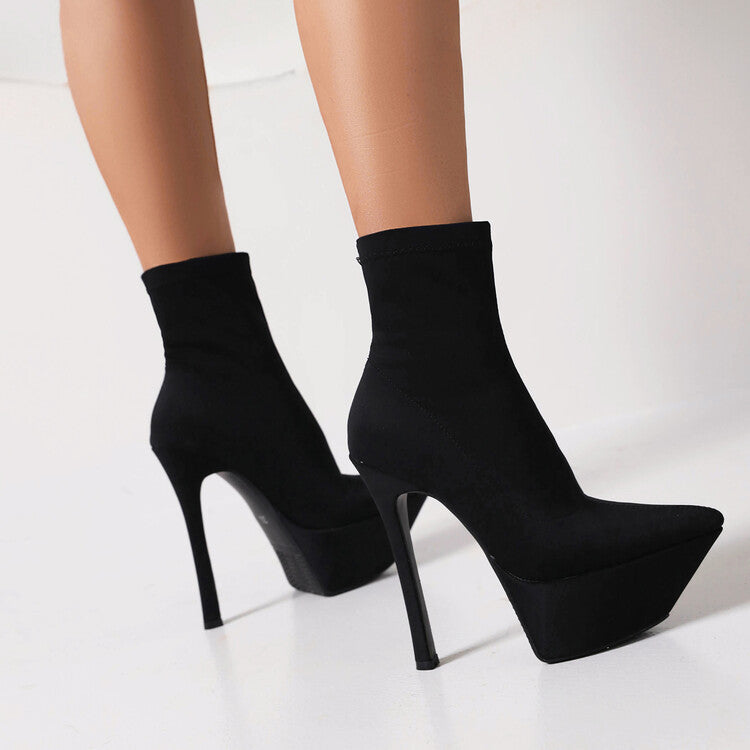 Booties Stretch Pointed Toe Stiletto Heel Platform Short Boots for Women