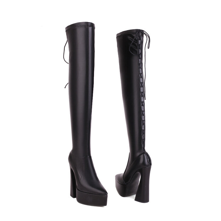 Glossy Pointed Toe Spool Heel Platform Back Tied Straps Over the Knee Boots for Women