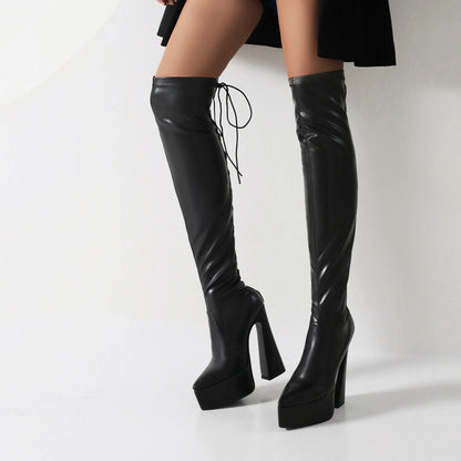 Glossy Pointed Toe Spool Heel Platform Back Tied Straps Over the Knee Boots for Women