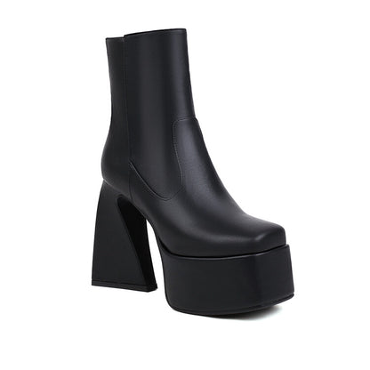 Booties Glossy Square Toe Side Zippers Strange Heel Heel Platform Short Boots for Women