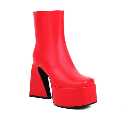 Booties Glossy Square Toe Side Zippers Strange Heel Heel Platform Short Boots for Women