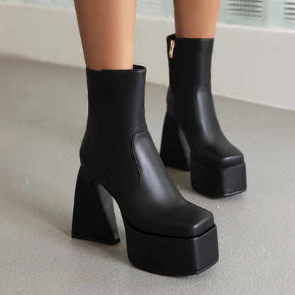 Booties Glossy Square Toe Side Zippers Strange Heel Heel Platform Short Boots for Women