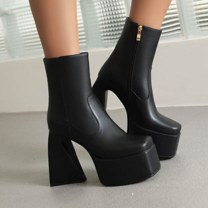 Booties Glossy Square Toe Side Zippers Strange Heel Heel Platform Short Boots for Women