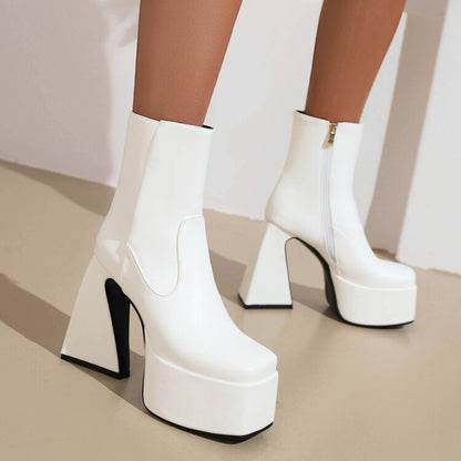 Booties Glossy Square Toe Side Zippers Strange Heel Heel Platform Short Boots for Women