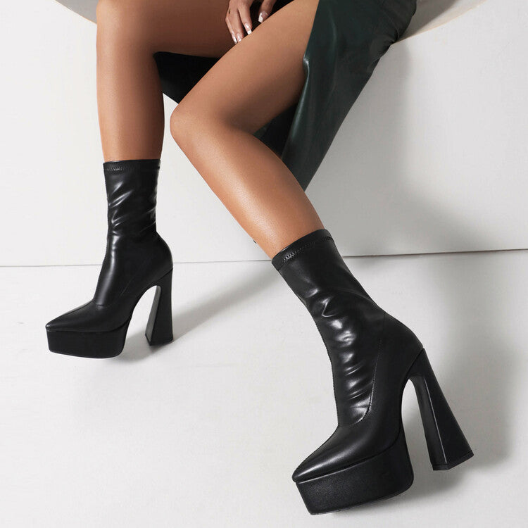 Booties Pu Leather Pointed Toe Spool Heel Platform Short Boots for Women