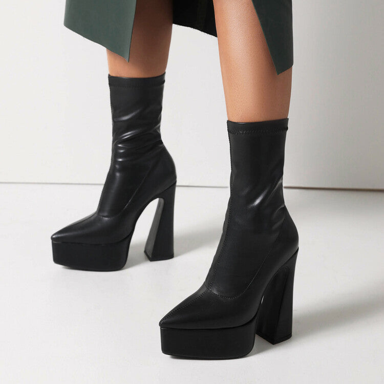 Booties Pu Leather Pointed Toe Spool Heel Platform Short Boots for Women