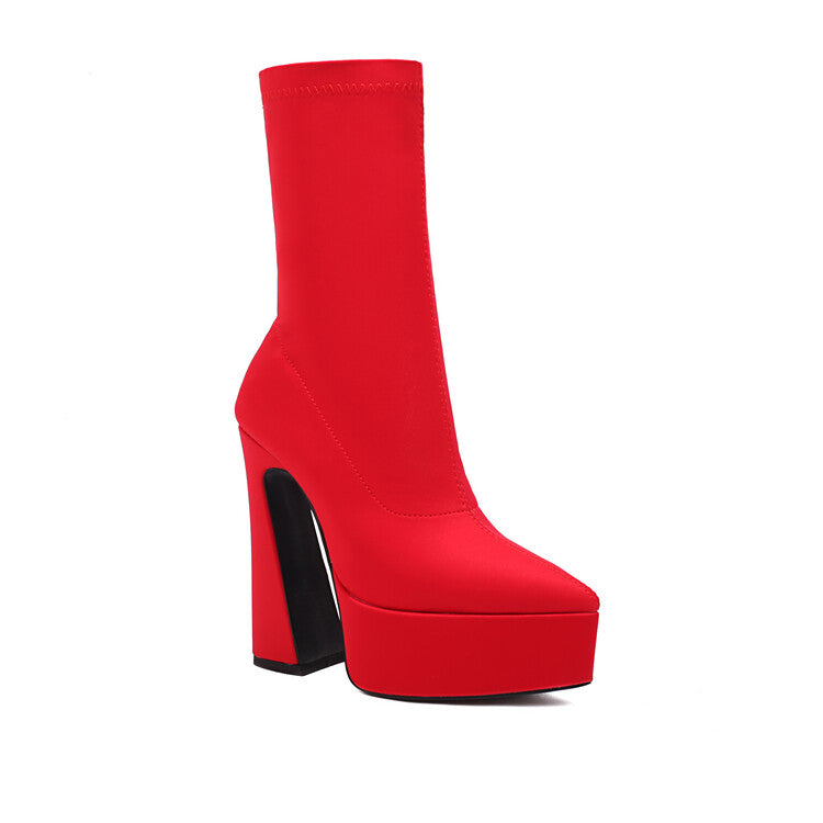 Flock Pointed Toe Stretch Spool Heel Platform Mid-calf Boots for Women