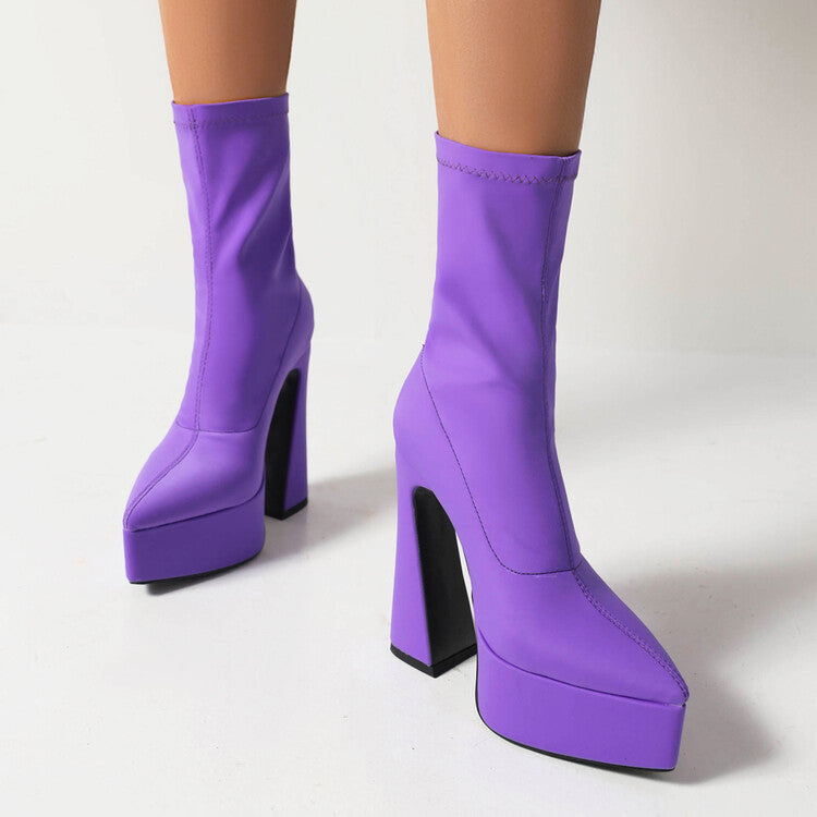 Flock Pointed Toe Stretch Spool Heel Platform Mid-calf Boots for Women