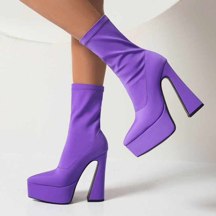 Flock Pointed Toe Stretch Spool Heel Platform Mid-calf Boots for Women