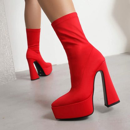 Flock Pointed Toe Stretch Spool Heel Platform Mid-calf Boots for Women