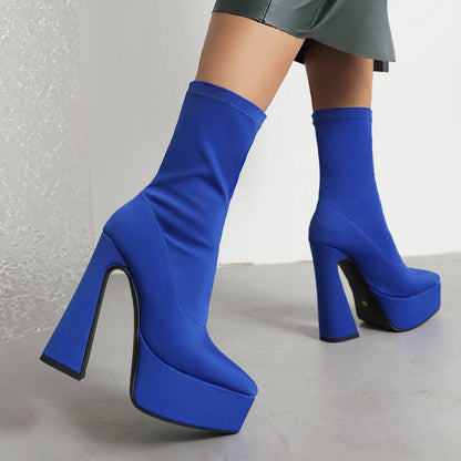 Flock Pointed Toe Stretch Spool Heel Platform Mid-calf Boots for Women