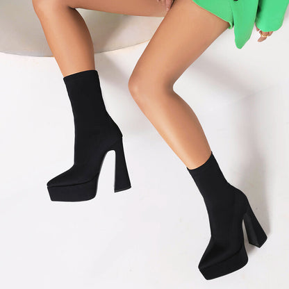 Flock Pointed Toe Stretch Spool Heel Platform Mid-calf Boots for Women