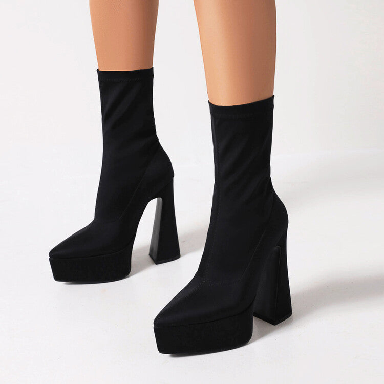 Flock Pointed Toe Stretch Spool Heel Platform Mid-calf Boots for Women