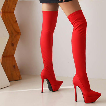 Stretch Pointed Toe Stiletto Heel Platform Over the Knee Boots for Women