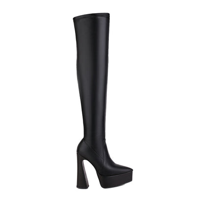 Frosted Pu Leather Pointed Toe Spool Heel Platform Over the Knee Boots for Women