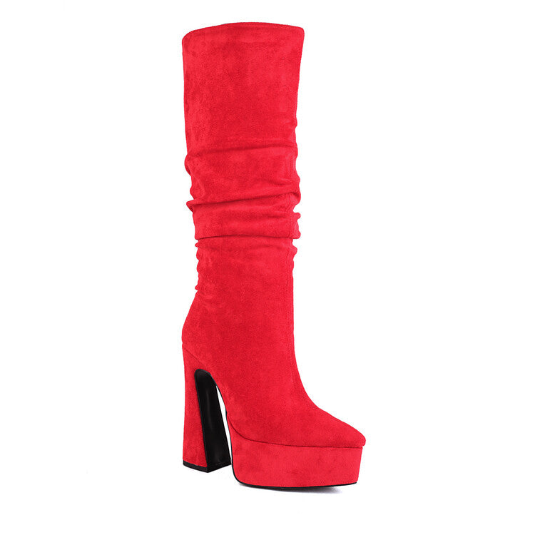 Flock Pointed Toe Spool Heel Platform Knee High Boots for Women