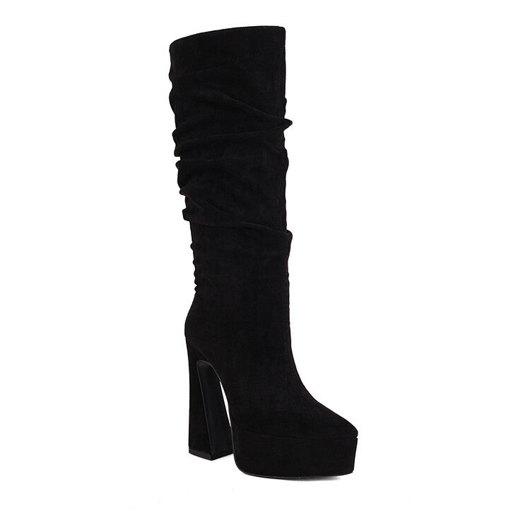 Flock Pointed Toe Spool Heel Platform Knee High Boots for Women