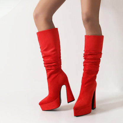 Flock Pointed Toe Spool Heel Platform Knee High Boots for Women