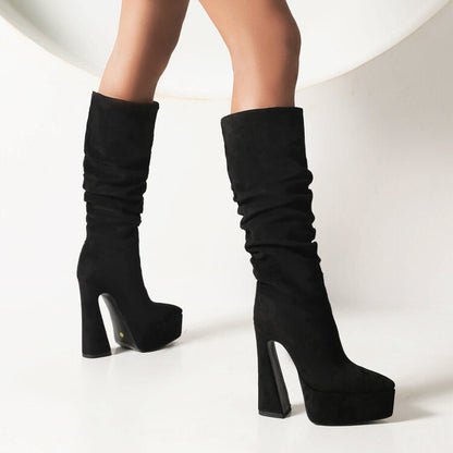 Flock Pointed Toe Spool Heel Platform Knee High Boots for Women