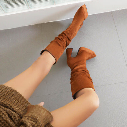 Flock Pointed Toe Spool Heel Platform Knee High Boots for Women