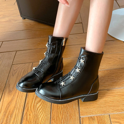 Pu Leather Round Toe Stars Lace Up Stitch Side Zippers Short Boots for Women