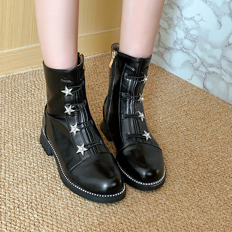 Pu Leather Round Toe Stars Lace Up Stitch Side Zippers Short Boots for Women